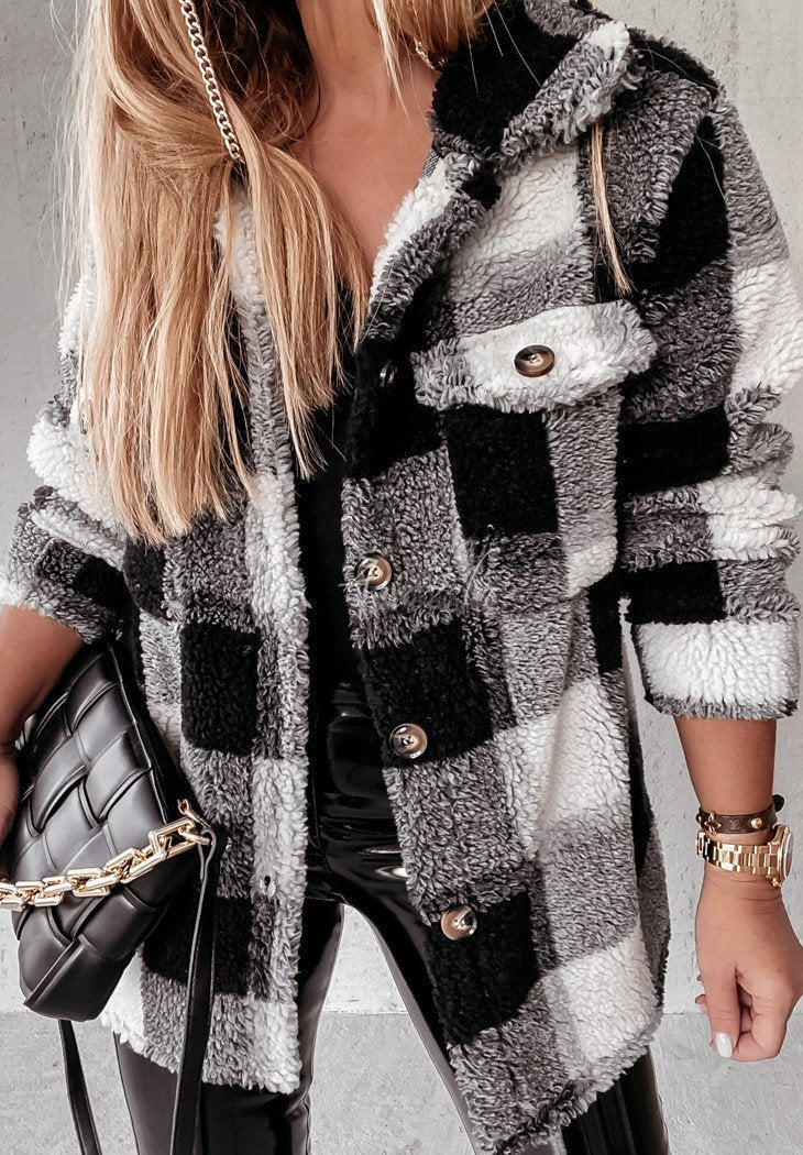 Long Sleeve Double Pocket Plaid Fur Coat