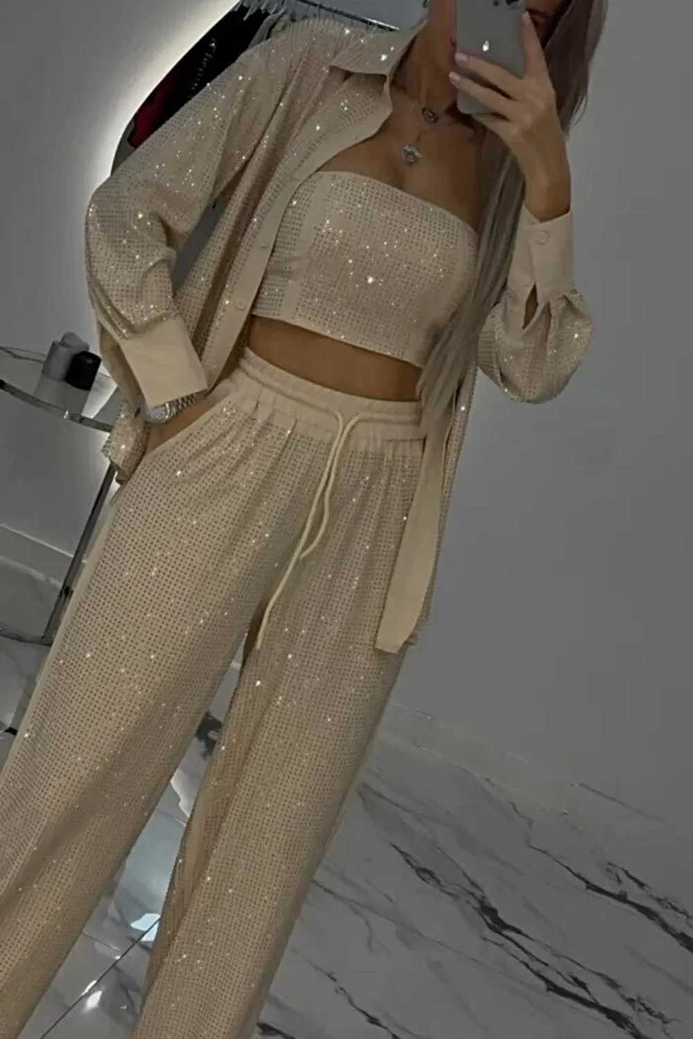 Women's Bright Diamond Vest Jacket & Pants Three-piece Set